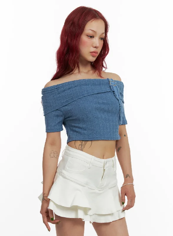 Denim Detail Off Shoulder Crop Top CY430