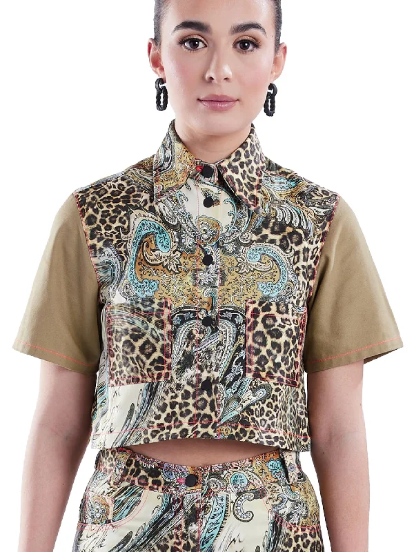 Cropped Button-Down Shirt in Tan and Leopard Paisley