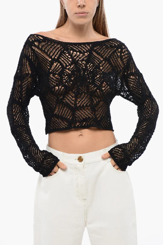 Balmain Crochet Cropped Top With Off Soulders