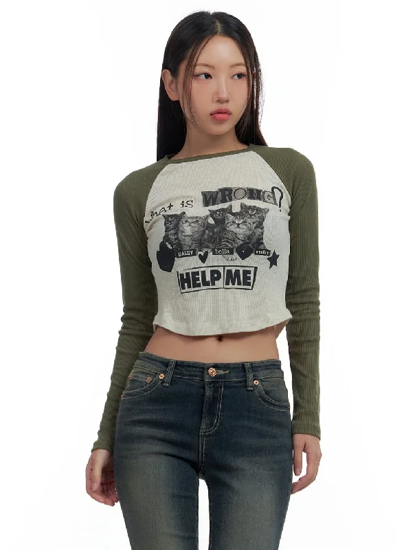 Graphic Raglan Cotton Crop Top CS424