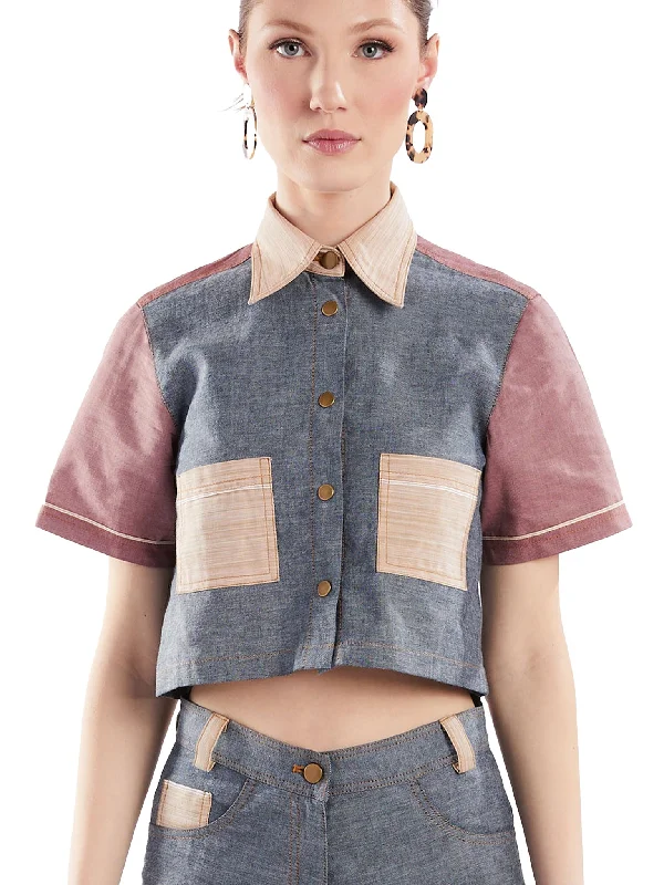 Cropped Button-Down Shirt in Blue and Red Chambray Color Block