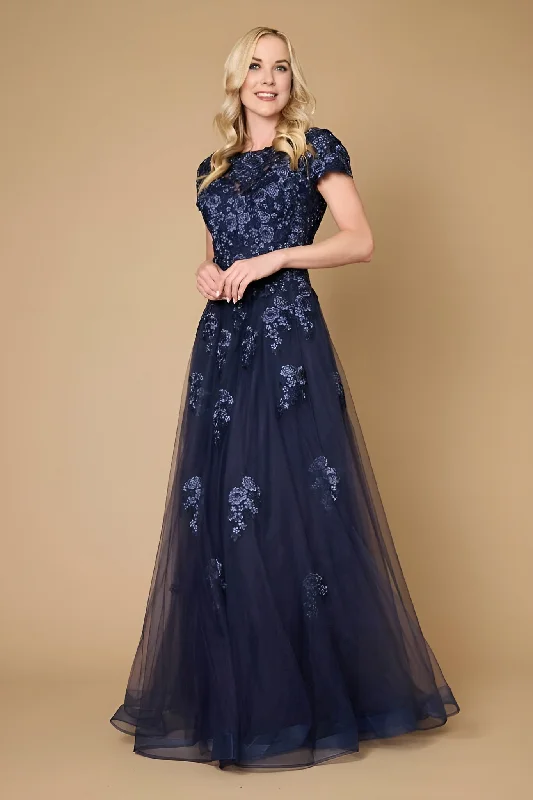 Long Lace Navy Mother of the Bride Dress