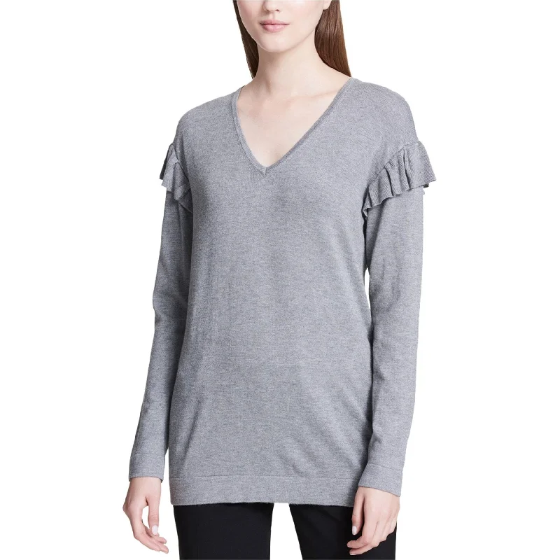 Calvin Klein Womens Ruffled Knit Sweater, Grey, Large