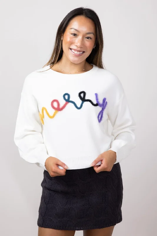 Fuzzy Merry Christmas Holiday Sweater for Women in Ivory | 18014-IVORY