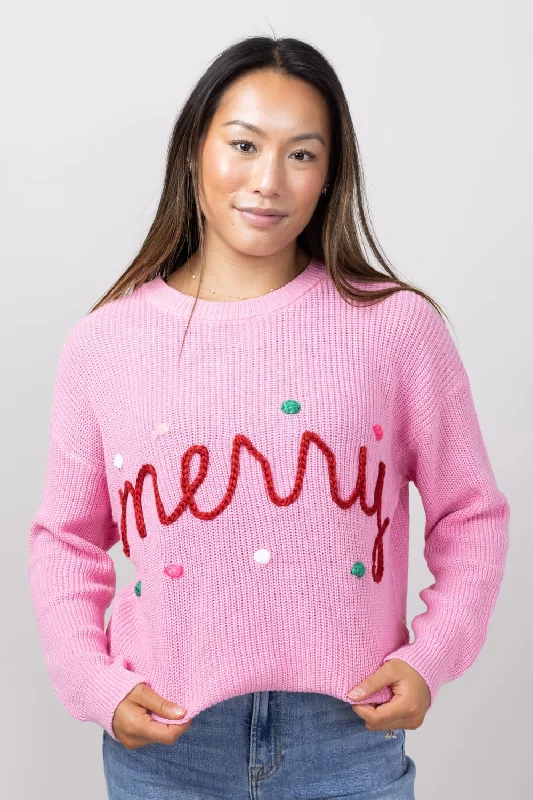 Simply Southern Merry Sweater for Women in Pink | PP-0224-SWTR-KNT-MERRYPINK