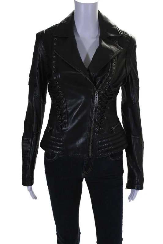 Affliction Womens Leather Collar Criss Cross Laced Zip Biker Jacket Black