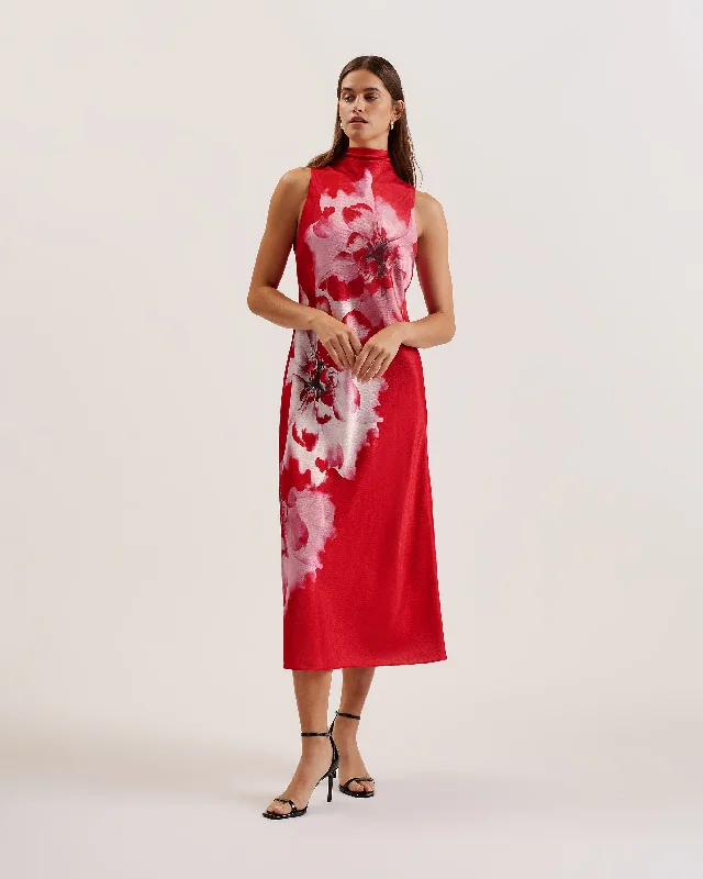 Aliara Printed Cowl Neck Midi Slip Dress Red