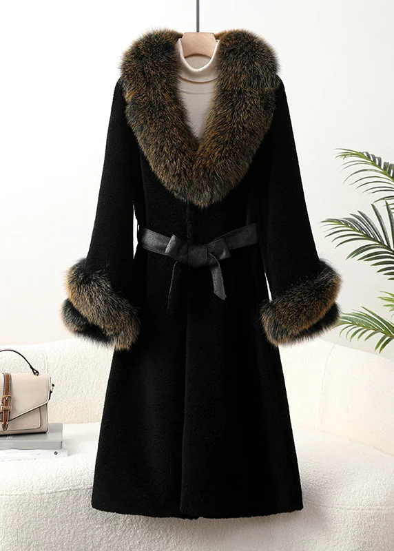 Black Fox Collar Pockets Tie Waist Cashmere Coats Winter