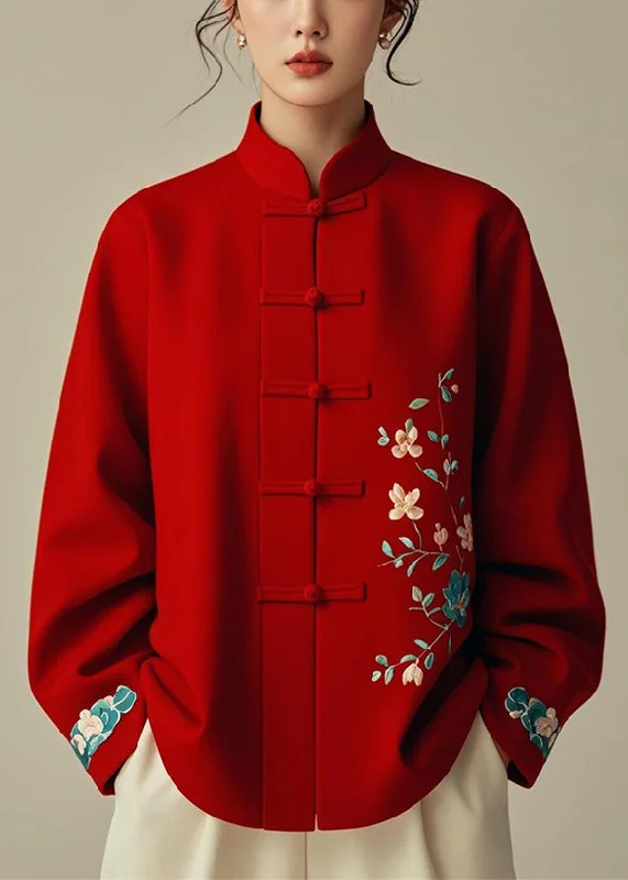 Elegant Red Stand Collar Print Cotton Coats Fall