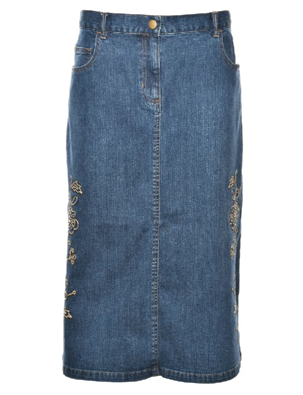 Embroidered 1990s Denim Skirt - L