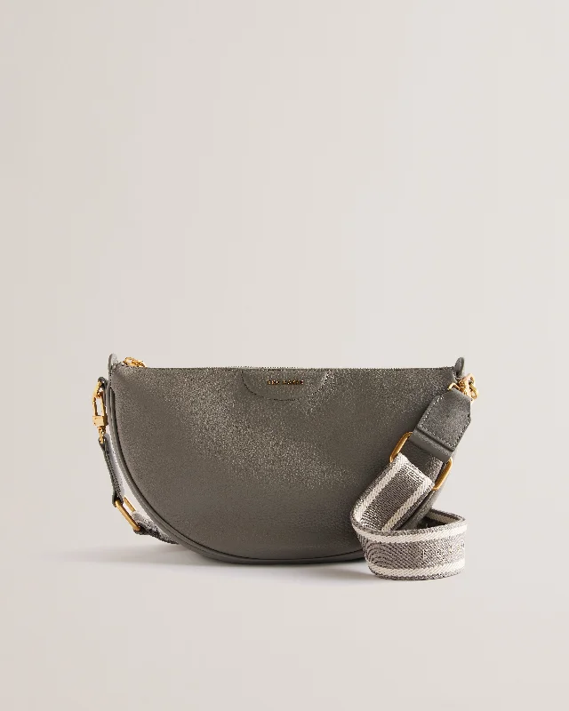 Essina Webbing Leather Half Moon Crossbody Bag Mid-Grey