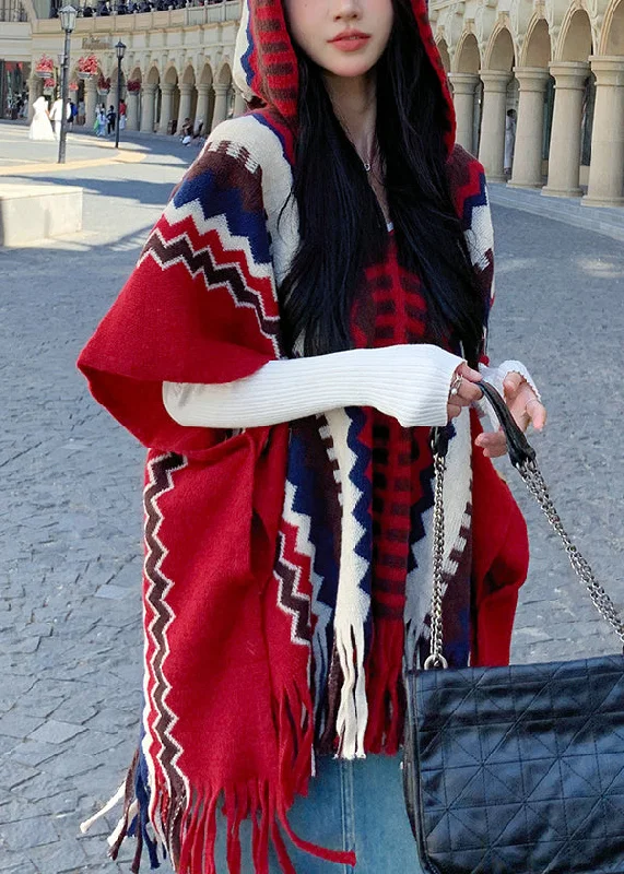 Ethnic Style Red Hooded Cape Style Shawl Coat