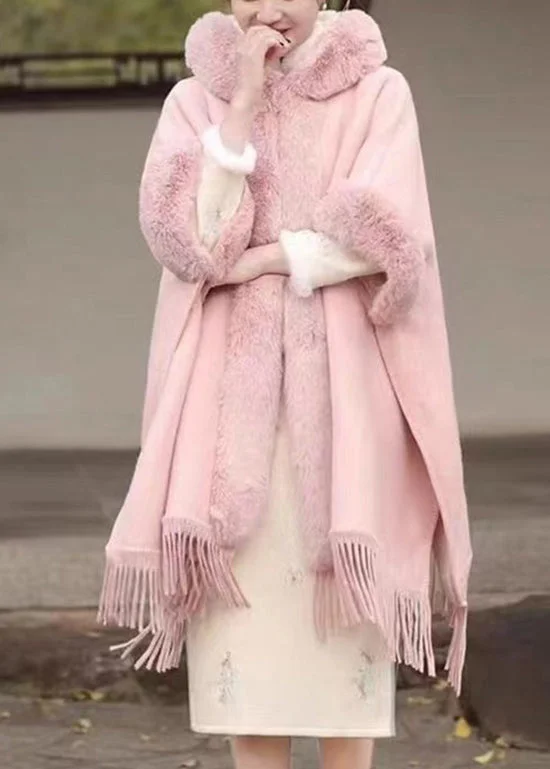 Fashion Pink Fur Collar Tassel Hooded Woolen Coat Fall