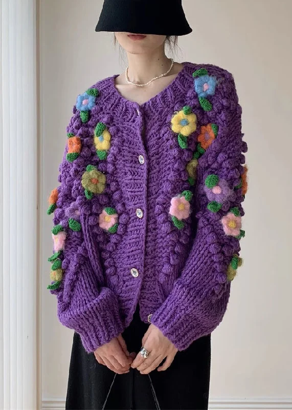 New Purple Button Floral Patchwork Knit Coat Winter