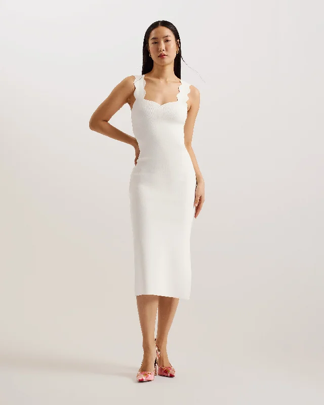 Sharmay Scallop Detail Midi Knit Dress Ivory