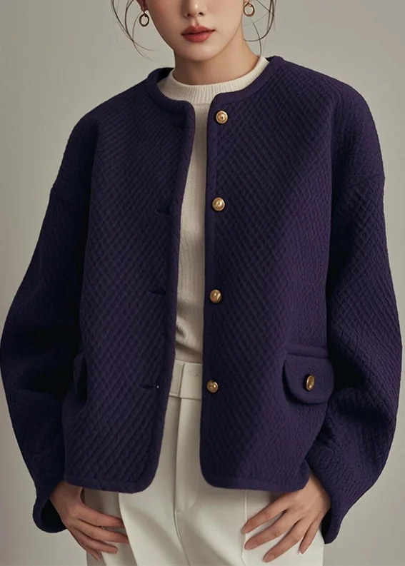 Simple Purple O Neck Button Cotton Coat Winter