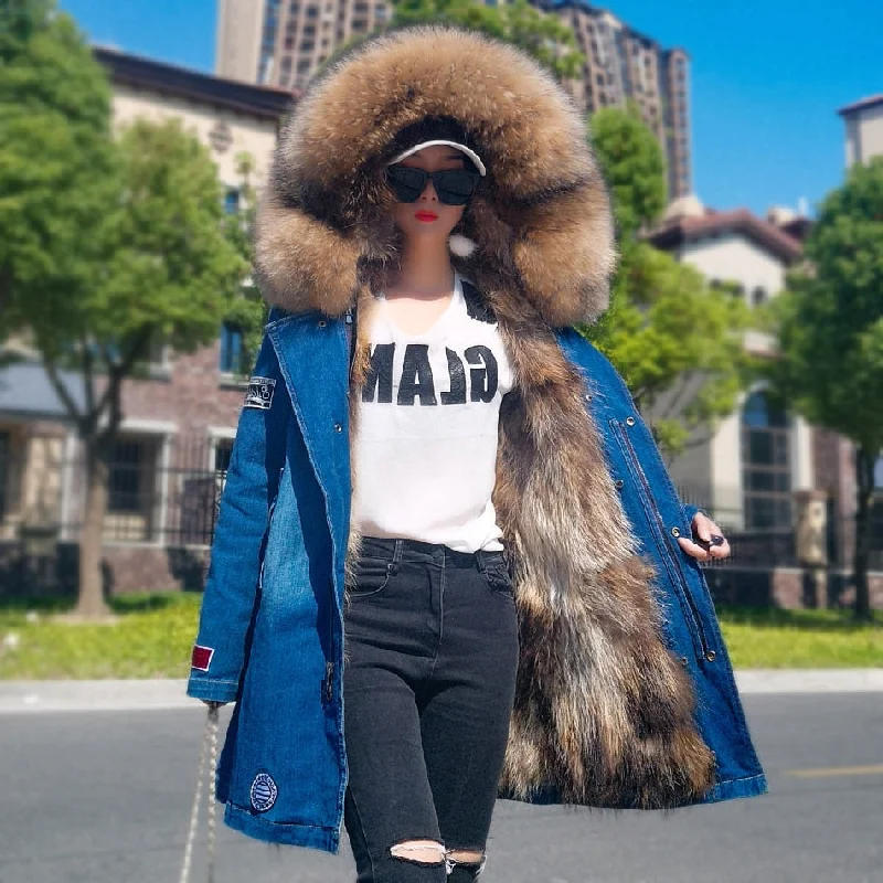 Winter Fashion Real Fox Fur Hooded Denim Coat Jackets for Women