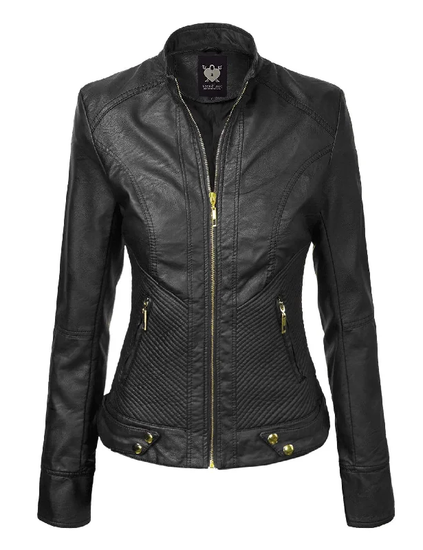 Made By Johnny MBJ Womens Faux Leather Zip Up Moto Biker Jacket with Stitching Detail