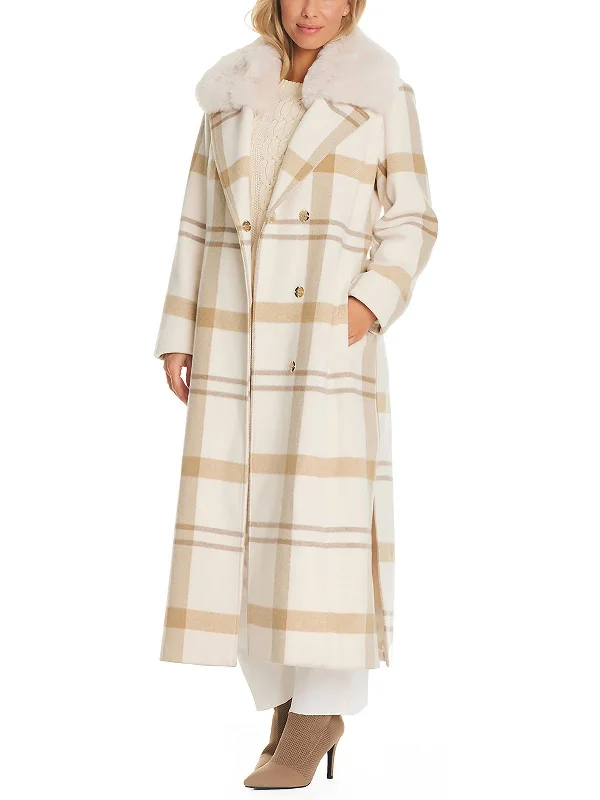 Womens Wool Blend Faux Fur Trim Walker Coat