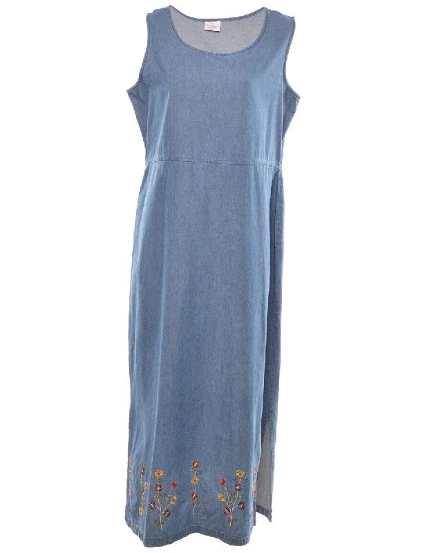 Floral Pattern Denim Dress - L