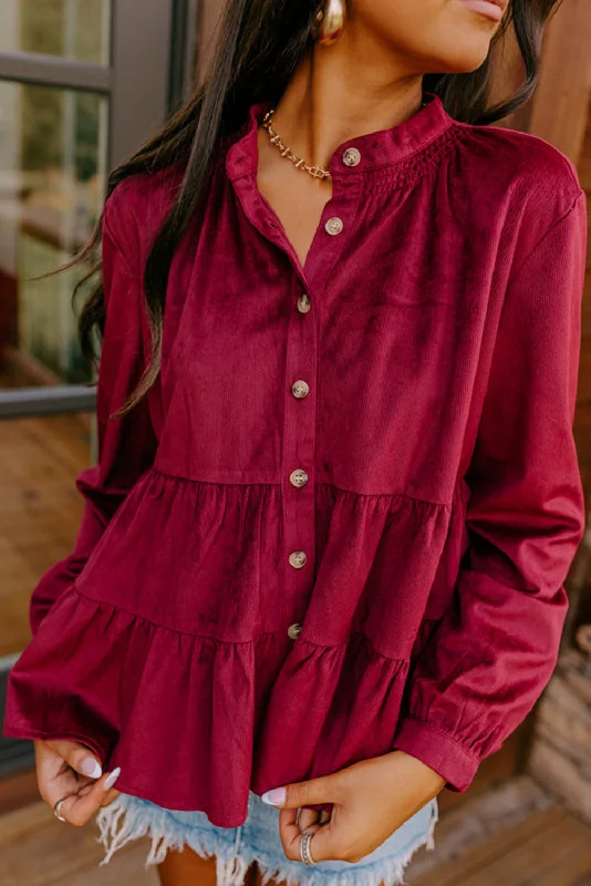 Burgundy Smocked Ruffle Tiered Button-up Shirt