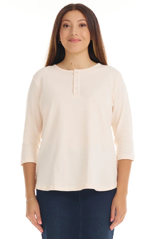 Beige 3/4 Sleeve Cotton Henley Shirt for Women