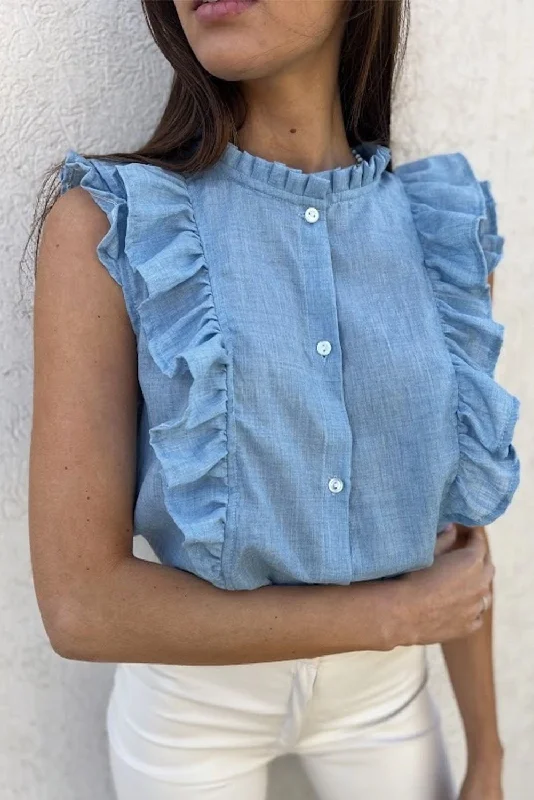 Light Blue Ruffle Trim Sleeveless Button Up Shirt