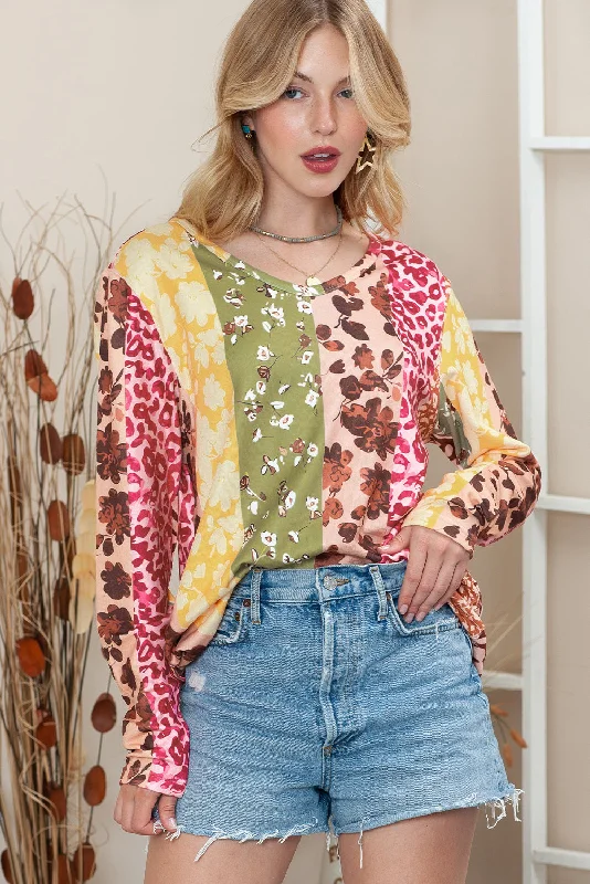 Multicolor Floral and Leopard Print Long Sleeve T Shirt