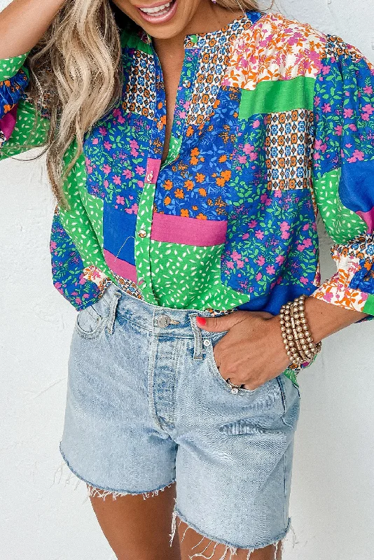 Multicolor Floral Patchwork Buttoned Puff Sleeve Shirt