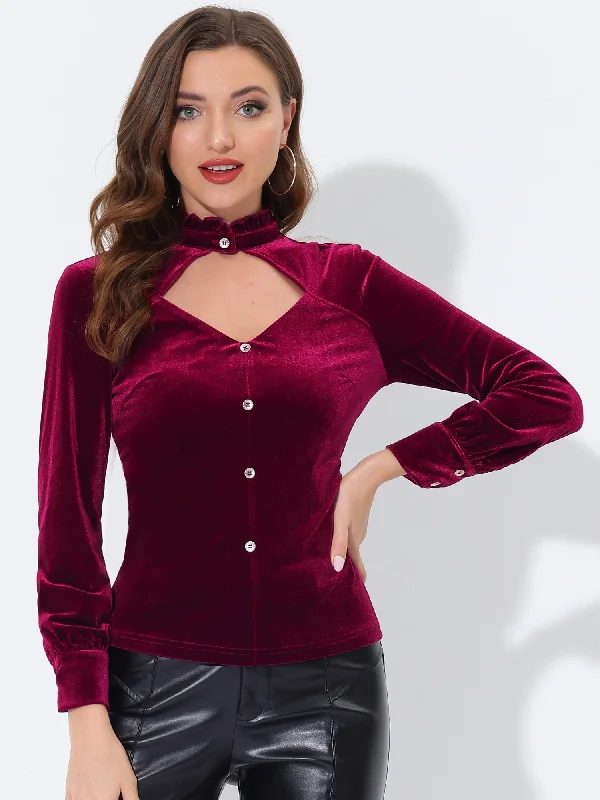 Ruffle Mock Neck Cutout Shirt Long Sleeve Gothic Velvet Blouse