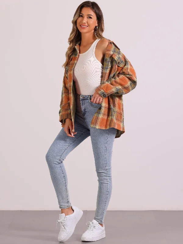 Casual Drop Shoulder Loose Plaid Shacket Shirt