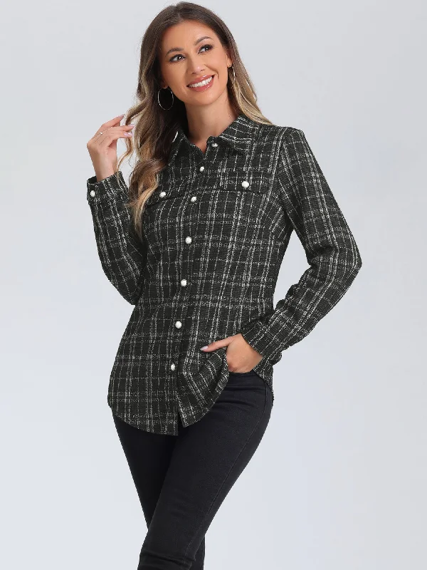 Long Sleeves Button Down Plaid Tweed Shackets Shirt