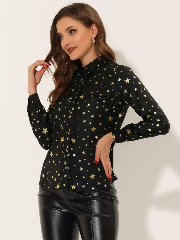 Vintage Shirt Metallic Stars Gilding Shiny Long Sleeve Blouse