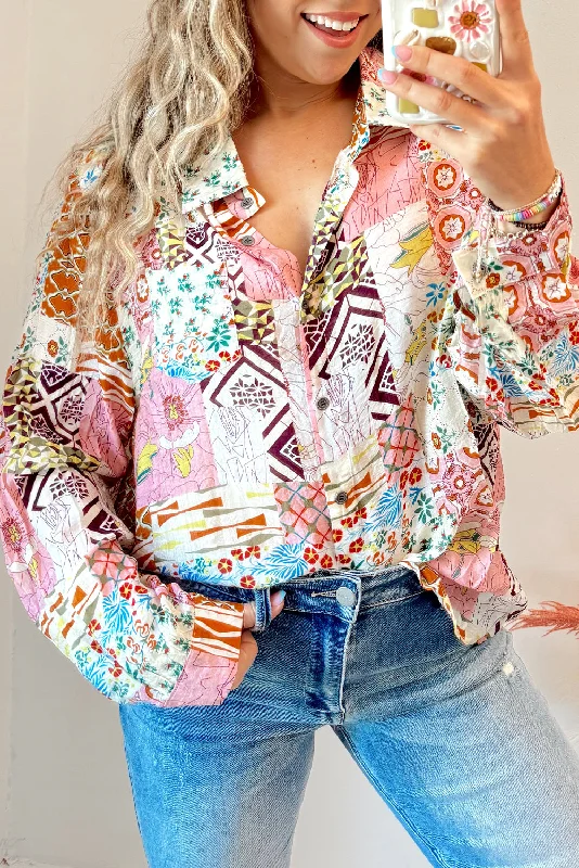 Pink Abstract Print Boho Button Down Shirt