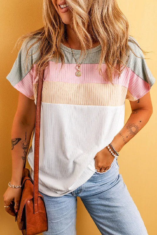 White Ribbed Color Block Patchwork T shirt