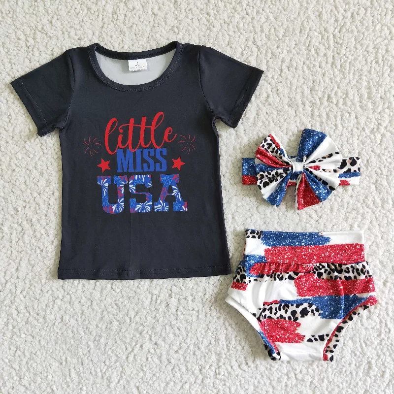 4th of July Little Miss USA Black T-shirt briefs 3pcs Set NC0007