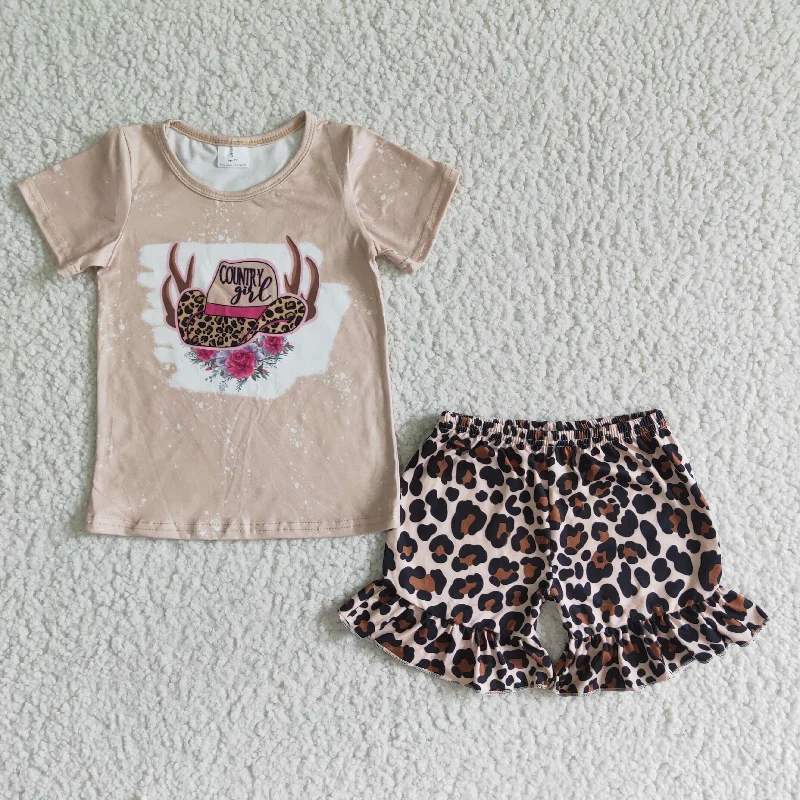 cowgirl t-shirts leopard Shorts Sets GSD0047