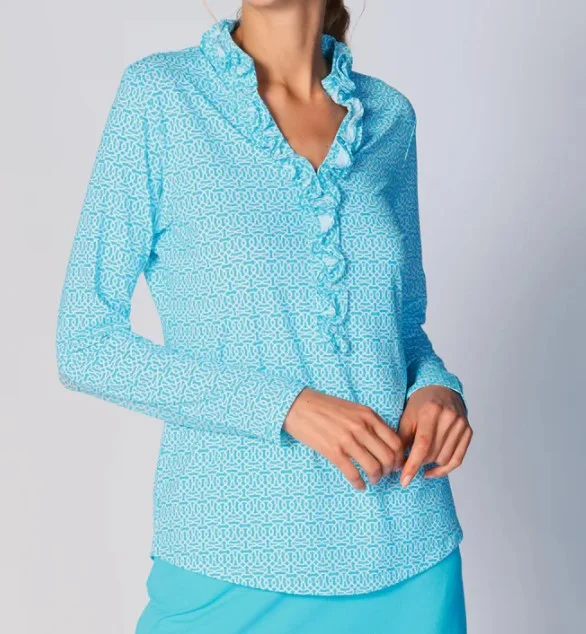 G Lifestyle Spring Long Sleeve Ruffle Top In Cubic Caribbean Turquoise