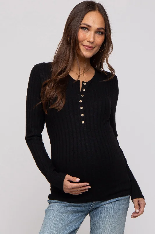 Black Ribbed Knit Button Long Sleeve Maternity Top