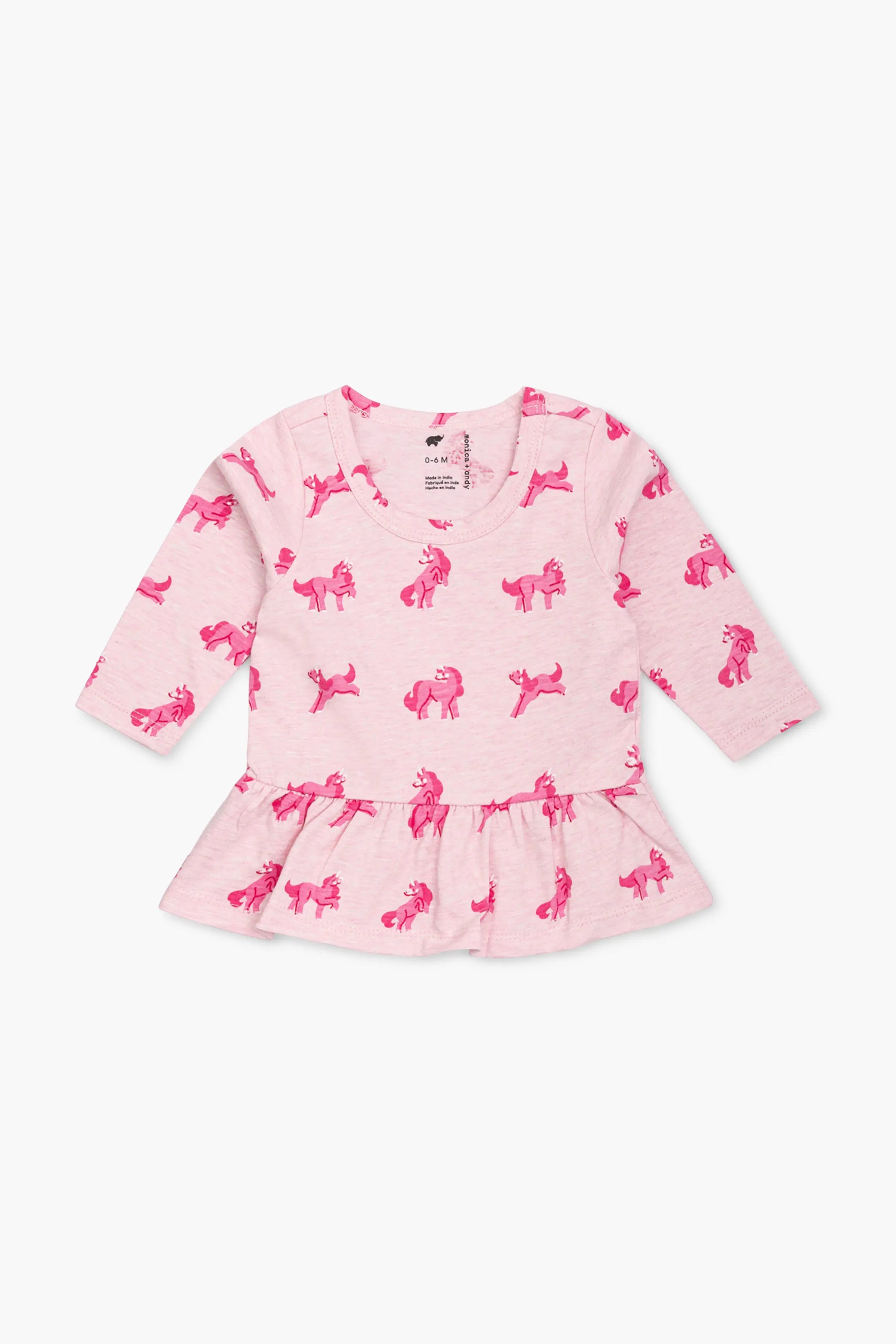 Long Sleeve Peplum Tee_Pink Unicorns