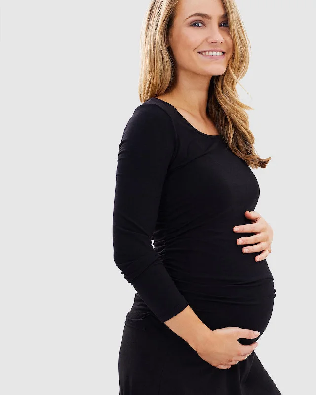 Long Sleeve Ruched Maternity Tee - Black