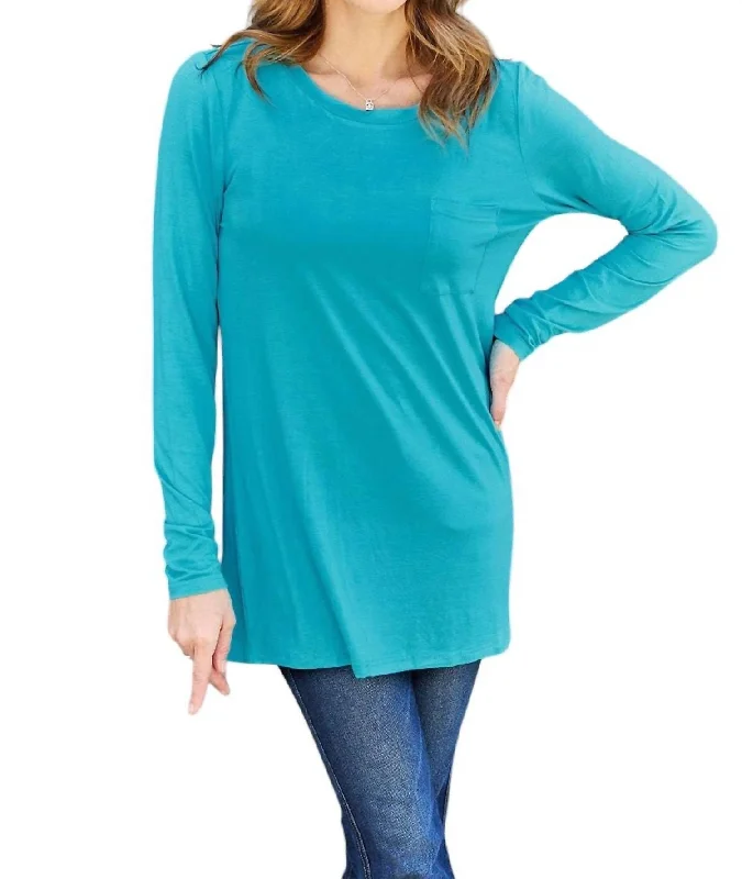 Luxe Long Sleeve Top With Pockets In Azure