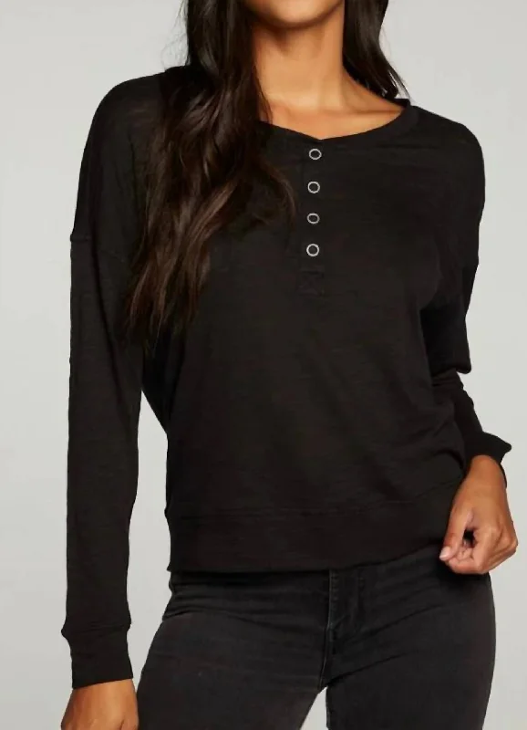 Slub Jersey Long Sleeve Henley W/ Cuffs In True Black