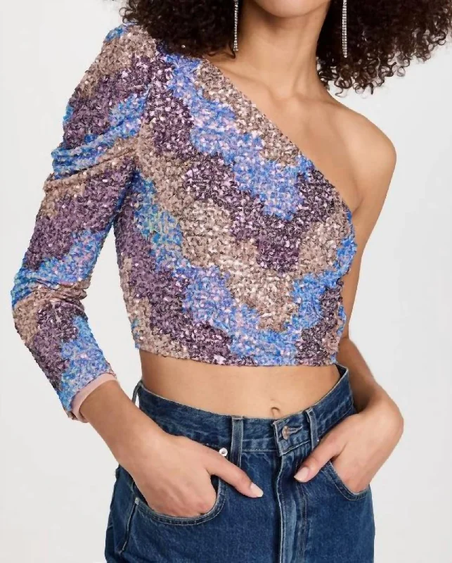 Tess One Shoulder Long Sleeve Zigzag Sequin Top In Multi