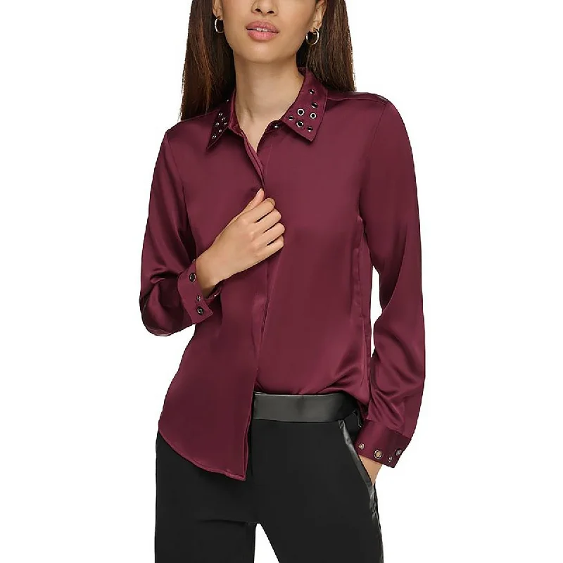 Womens Grommet Long Sleeve Button-Down Top