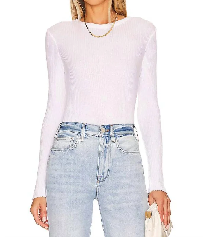 Pointelle Knit Long Sleeve Top In White