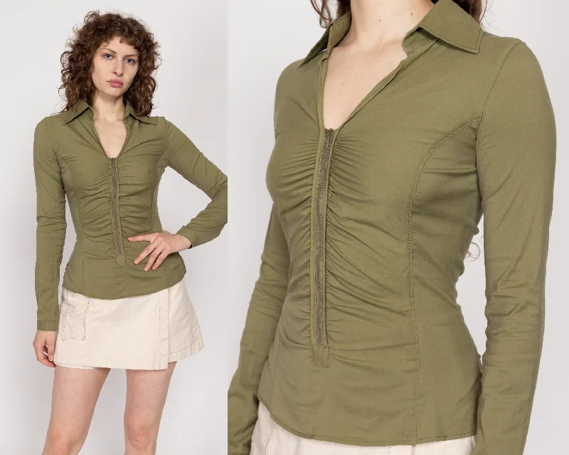 Small Y2K Army Green Ruched Long Sleeve Top