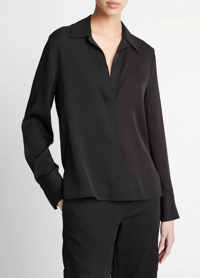 Vince Stretch-Silk Long-Sleeve Polo Blouse